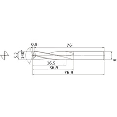 MAE0520MB HTI10 5.2 mm Dia. × 6 mm Shank × 36.9 mm Flute Length × 76.9 mm OAL, 140°, 2 Flute, External Coolant, Solid Carbide Drill