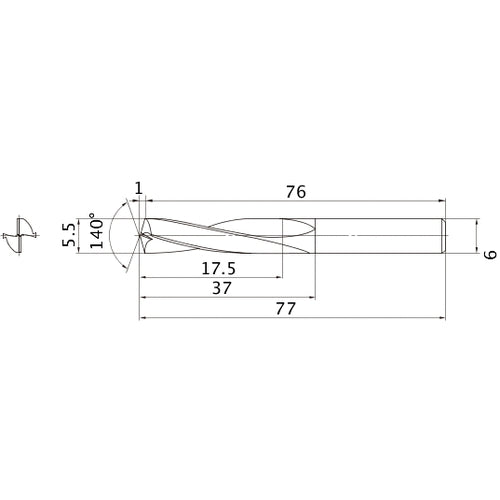 MAE0550MB HTI10 5.5 mm Dia. × 6 mm Shank × 37 mm Flute Length × 77 mm OAL, 140°, 2 Flute, External Coolant, Solid Carbide Drill