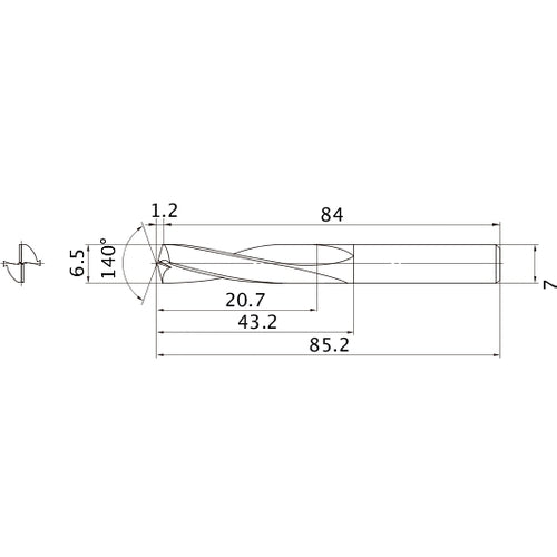 MAE0650MB HTI10 6.5 mm Dia. × 7 mm Shank × 43.2 mm Flute Length × 85.2 mm OAL, 140°, 2 Flute, External Coolant, Solid Carbide Drill