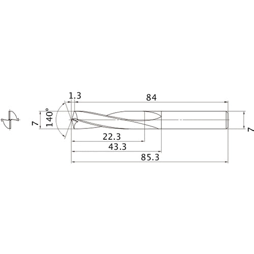 MAE0700MB HTI10 7 mm Dia. × 7 mm Shank × 43.3 mm Flute Length × 85.3 mm OAL, 140°, 2 Flute, External Coolant, Solid Carbide Drill
