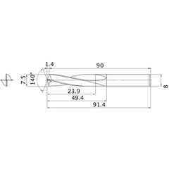 MAE0750MB HTI10 7.5 mm Dia. × 8 mm Shank × 49.4 mm Flute Length × 91.4 mm OAL, 140°, 2 Flute, External Coolant, Solid Carbide Drill