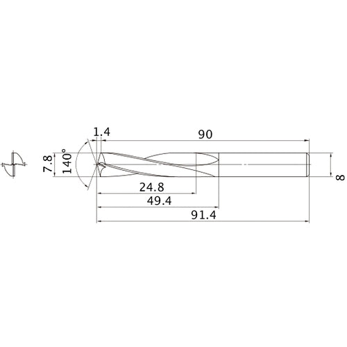 MAE0780MB HTI10 7.8 mm Dia. × 8 mm Shank × 49.4 mm Flute Length × 91.4 mm OAL, 140°, 2 Flute, External Coolant, Solid Carbide Drill