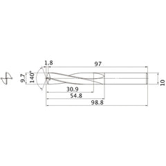 MAE0970MB HTI10 9.7 mm Dia. × 10 mm Shank × 54.8 mm Flute Length × 98.8 mm OAL, 140°, 2 Flute, External Coolant, Solid Carbide Drill