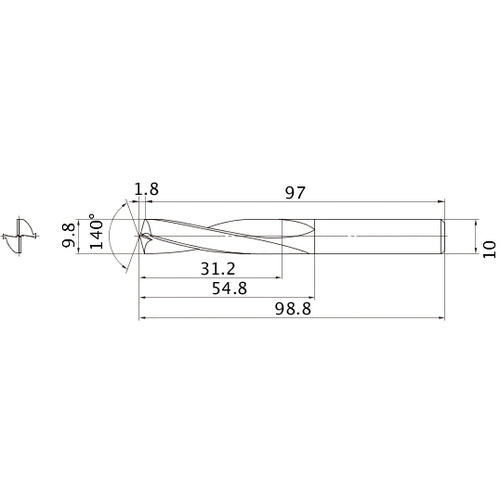 MAE0980MB HTI10 9.8 mm Dia. × 10 mm Shank × 54.8 mm Flute Length × 98.8 mm OAL, 140°, 2 Flute, External Coolant, Solid Carbide Drill