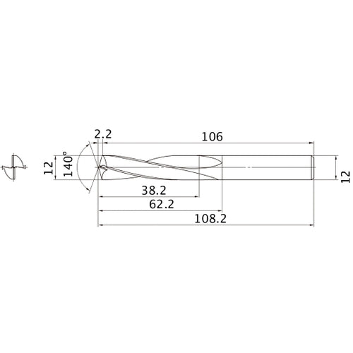 MAE1200MB HTI10 12 mm Dia. × 12 mm Shank × 62.2 mm Flute Length × 108.2 mm OAL, 140°, 2 Flute, External Coolant, Solid Carbide Drill