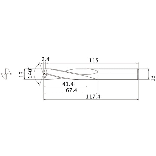 MAE1300MB HTI10 13 mm Dia. × 13 mm Shank × 67.4 mm Flute Length × 117.4 mm OAL, 140°, 2 Flute, External Coolant, Solid Carbide Drill
