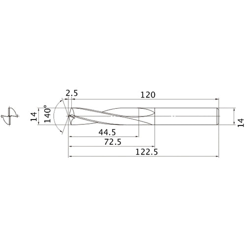 MAE1400MB HTI10 14 mm Dia. × 14 mm Shank × 72.5 mm Flute Length × 122.5 mm OAL, 140°, 2 Flute, External Coolant, Solid Carbide Drill