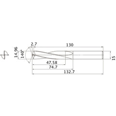 MAE1496MB HTI10 14.96 mm Dia. × 15 mm Shank × 74.7 mm Flute Length × 132.7 mm OAL, 140°, 2 Flute, External Coolant, Solid Carbide Drill