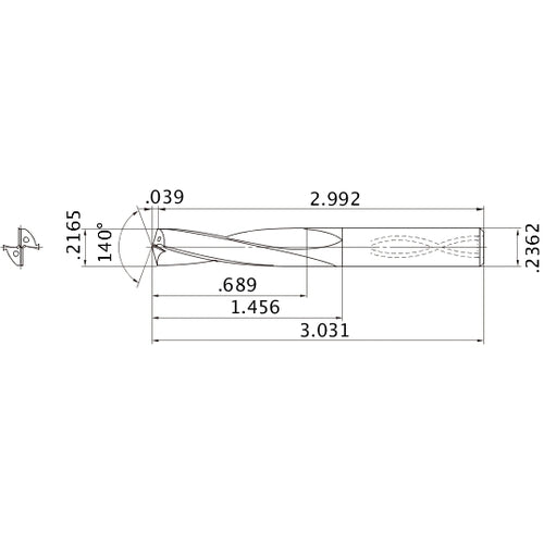 MAS02165MB HTi10 0.2165″ Dia. × 0.2362″ Shank × 1.456″ Flute Length × 3.031″ OAL, 140°, 2 Flute, Coolant Thru, Solid Carbide Drill