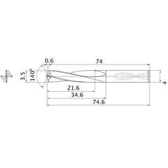 MAS0350LB HTI10 3.5 mm Dia. × 4 mm Shank × 34.6 mm Flute Length × 74.6 mm OAL, 140°, 2 Flute, Coolant Thru, Solid Carbide Drill