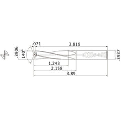 MAS03906MB HTi10 0.3906″ Dia. × 0.3937″ Shank × 2.158″ Flute Length × 3.89″ OAL, 140°, 2 Flute, Coolant Thru, Solid Carbide Drill