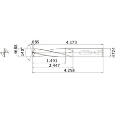 MAS04688MB HTi10 0.4688″ Dia. × 0.4724″ Shank × 2.447″ Flute Length × 4.258″ OAL, 140°, 2 Flute, Coolant Thru, Solid Carbide Drill