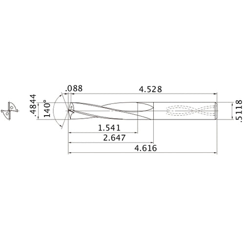 MAS04844MB HTi10 0.4844″ Dia. × 0.5118″ Shank × 2.647″ Flute Length × 4.616″ OAL, 140°, 2 Flute, Coolant Thru, Solid Carbide Drill