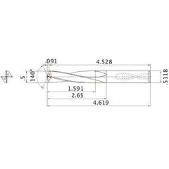 MAS05000MB HTi10 1/2″ Dia. × 0.5118″ Shank × 2.65″ Flute Length × 4.619″ OAL, 140°, 2 Flute, Coolant Thru, Solid Carbide Drill