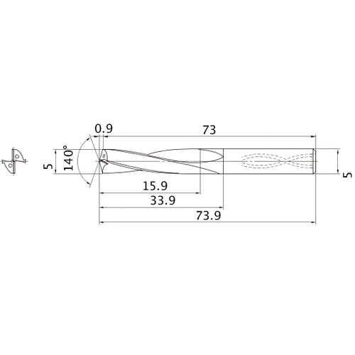 MAS0500MB HTi10 5 mm Dia. × 5 mm Shank × 33.9 mm Flute Length × 73.9 mm OAL, 140°, 2 Flute, Coolant Thru, Solid Carbide Drill