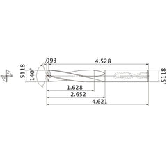 MAS05118MB HTi10 0.5118″ Dia. × 0.5118″ Shank × 2.652″ Flute Length × 4.621″ OAL, 140°, 2 Flute, Coolant Thru, Solid Carbide Drill