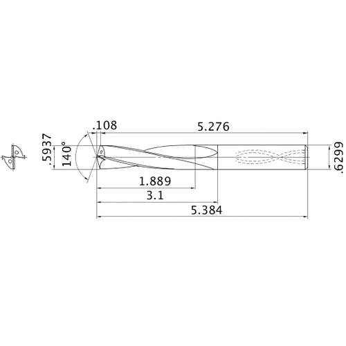 MAS05937MB HTi10 0.5937″ Dia. × 0.6299″ Shank × 3.1″ Flute Length × 5.384″ OAL, 140°, 2 Flute, Coolant Thru, Solid Carbide Drill
