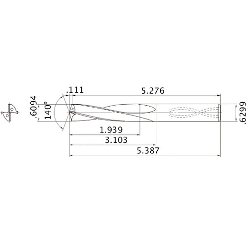 MAS06094MB HTi10 0.6094″ Dia. × 0.6299″ Shank × 3.103″ Flute Length × 5.387″ OAL, 140°, 2 Flute, Coolant Thru, Solid Carbide Drill