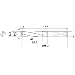 MAS0680LB HTI10 6.8 mm Dia. × 7 mm Shank × 66.2 mm Flute Length × 108.2 mm OAL, 140°, 2 Flute, Coolant Thru, Solid Carbide Drill