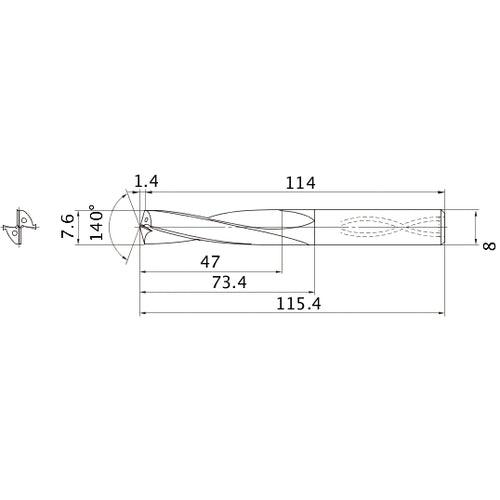 MAS0760LB HTI10 7.6 mm Dia. × 8 mm Shank × 73.4 mm Flute Length × 115.4 mm OAL, 140°, 2 Flute, Coolant Thru, Solid Carbide Drill