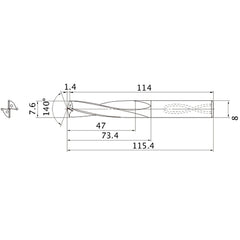 MAS0760LB HTI10 7.6 mm Dia. × 8 mm Shank × 73.4 mm Flute Length × 115.4 mm OAL, 140°, 2 Flute, Coolant Thru, Solid Carbide Drill