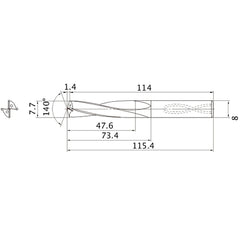 MAS0770LB HTI10 7.7 mm Dia. × 8 mm Shank × 73.4 mm Flute Length × 115.4 mm OAL, 140°, 2 Flute, Coolant Thru, Solid Carbide Drill