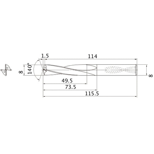 MAS0800LB HTI10 8 mm Dia. × 8 mm Shank × 73.5 mm Flute Length × 115.5 mm OAL, 140°, 2 Flute, Coolant Thru, Solid Carbide Drill