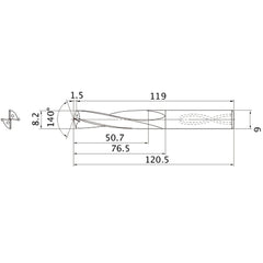 MAS0820LB HTI10 8.2 mm Dia. × 9 mm Shank × 76.5 mm Flute Length × 120.5 mm OAL, 140°, 2 Flute, Coolant Thru, Solid Carbide Drill