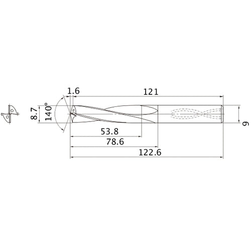 MAS0870LB HTI10 8.7 mm Dia. × 9 mm Shank × 78.6 mm Flute Length × 122.6 mm OAL, 140°, 2 Flute, Coolant Thru, Solid Carbide Drill