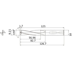 MAS0921LB HTI10 9.21 mm Dia. × 10 mm Shank × 82.7 mm Flute Length × 126.7 mm OAL, 140°, 2 Flute, Coolant Thru, Solid Carbide Drill