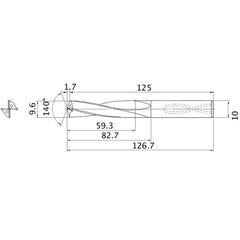MAS0960LB HTI10 9.6 mm Dia. × 10 mm Shank × 82.7 mm Flute Length × 126.7 mm OAL, 140°, 2 Flute, Coolant Thru, Solid Carbide Drill