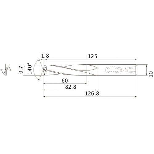 MAS0970LB HTI10 9.7 mm Dia. × 10 mm Shank × 82.8 mm Flute Length × 126.8 mm OAL, 140°, 2 Flute, Coolant Thru, Solid Carbide Drill