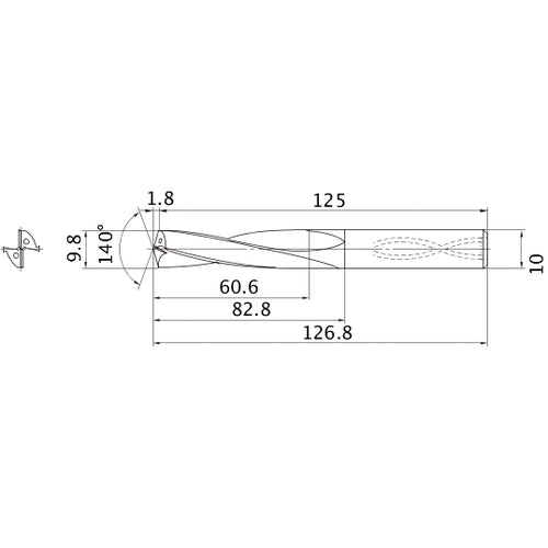 MAS0980LB HTI10 9.8 mm Dia. × 10 mm Shank × 82.8 mm Flute Length × 126.8 mm OAL, 140°, 2 Flute, Coolant Thru, Solid Carbide Drill