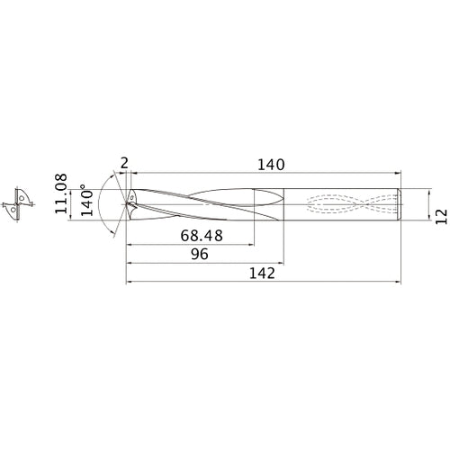 MAS1108LB HTI10 11.08 mm Dia. × 12 mm Shank × 96 mm Flute Length × 142 mm OAL, 140°, 2 Flute, Coolant Thru, Solid Carbide Drill