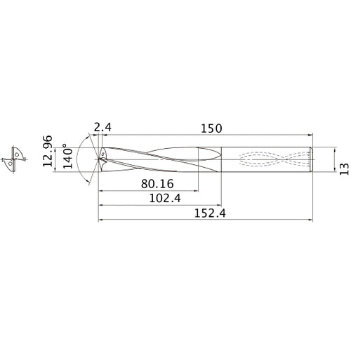 MAS1296LB HTI10 12.96 mm Dia. × 13 mm Shank × 102.4 mm Flute Length × 152.4 mm OAL, 140°, 2 Flute, Coolant Thru, Solid Carbide Drill