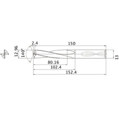 MAS1296LB HTI10 12.96 mm Dia. × 13 mm Shank × 102.4 mm Flute Length × 152.4 mm OAL, 140°, 2 Flute, Coolant Thru, Solid Carbide Drill