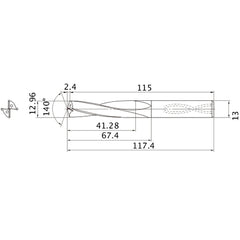 MAS1296MB HTi10 12.96 mm Dia. × 13 mm Shank × 67.4 mm Flute Length × 117.4 mm OAL, 140°, 2 Flute, Coolant Thru, Solid Carbide Drill
