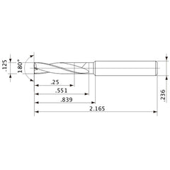 MFE0318X02S060 DP1020 1/8″ Dia. × 0.236″ Shank × 0.551″ Flute Length × 2.165″ OAL, 180°, 2 Flute, External Coolant, Solid Carbide Drill