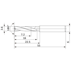 MFE0360X02S060 DP1020 3.6 mm Dia. × 6 mm Shank × 16 mm Flute Length × 55 mm OAL, 180°, 2 Flute, External Coolant, Solid Carbide Drill