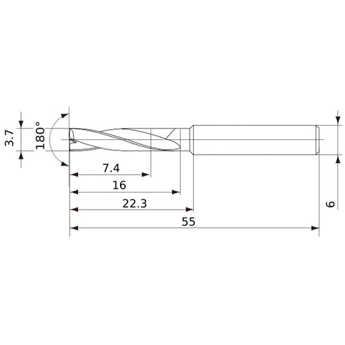 MFE0370X02S060 DP1020 3.7 mm Dia. × 6 mm Shank × 16 mm Flute Length × 55 mm OAL, 180°, 2 Flute, External Coolant, Solid Carbide Drill