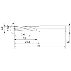MFE0380X02S060 DP1020 3.8 mm Dia. × 6 mm Shank × 16 mm Flute Length × 55 mm OAL, 180°, 2 Flute, External Coolant, Solid Carbide Drill
