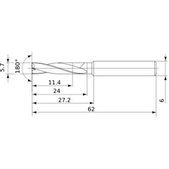MFE0570X02S060 DP1020 5.7 mm Dia. × 6 mm Shank × 24 mm Flute Length × 62 mm OAL, 180°, 2 Flute, External Coolant, Solid Carbide Drill