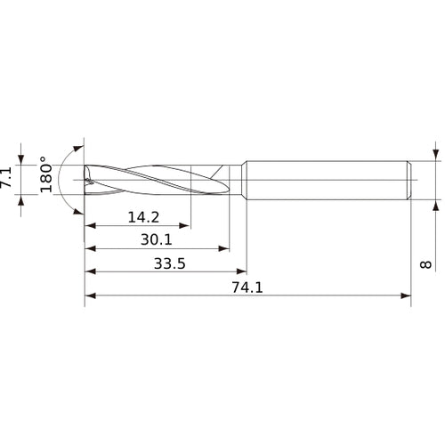 MFE0710X02S080 DP1020 7.1 mm Dia. × 8 mm Shank × 30 mm Flute Length × 74 mm OAL, 180°, 2 Flute, External Coolant, Solid Carbide Drill