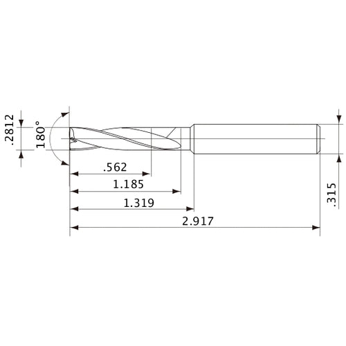 MFE0714X02S080 DP1020 0.2812″ Dia. × 0.315″ Shank × 1.185″ Flute Length × 2.917″ OAL, 180°, 2 Flute, External Coolant, Solid Carbide Drill