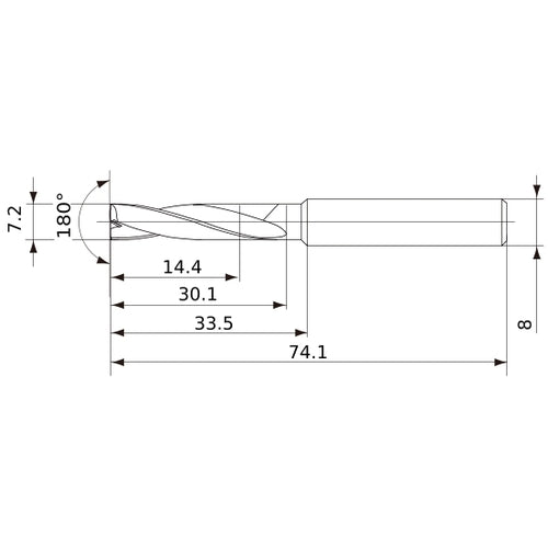 MFE0720X02S080 DP1020 7.2 mm Dia. × 8 mm Shank × 30 mm Flute Length × 74 mm OAL, 180°, 2 Flute, External Coolant, Solid Carbide Drill