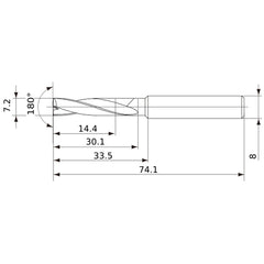 MFE0720X02S080 DP1020 7.2 mm Dia. × 8 mm Shank × 30 mm Flute Length × 74 mm OAL, 180°, 2 Flute, External Coolant, Solid Carbide Drill