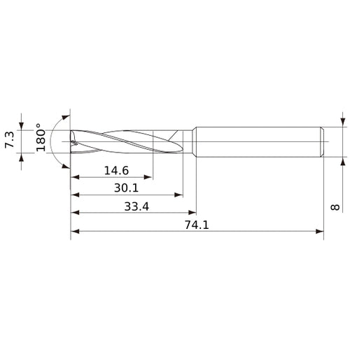 MFE0730X02S080 DP1020 7.3 mm Dia. × 8 mm Shank × 30 mm Flute Length × 74 mm OAL, 180°, 2 Flute, External Coolant, Solid Carbide Drill
