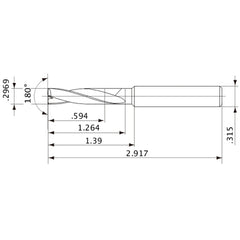 MFE0754X02S080 DP1020 0.2969″ Dia. × 0.315″ Shank × 1.264″ Flute Length × 2.917″ OAL, 180°, 2 Flute, External Coolant, Solid Carbide Drill