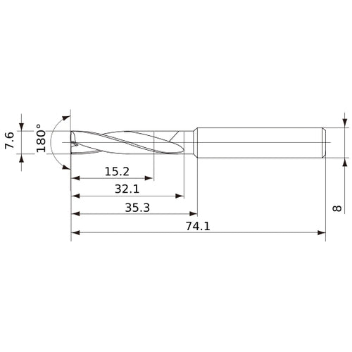 MFE0760X02S080 DP1020 7.6 mm Dia. × 8 mm Shank × 32 mm Flute Length × 74 mm OAL, 180°, 2 Flute, External Coolant, Solid Carbide Drill