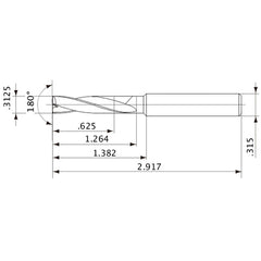 MFE0794X02S080 DP1020 5/16″ Dia. × 0.315″ Shank × 1.264″ Flute Length × 2.917″ OAL, 180°, 2 Flute, External Coolant, Solid Carbide Drill
